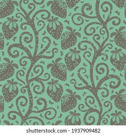Strawberry linocut Indian Florals style seamless vector pattern background. Winding stems with berries and butterflies. Sage green design with aged effect.Historical elegant repeat for vintage concept