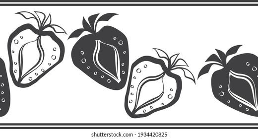 Strawberry linocut seamless vector border background. Stencil style banner with hand drawn black berries on white backdrop. Monochrome minimalist design. Edging, trim for farm food market concept