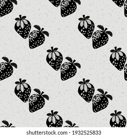 Strawberry linocut seamless vector pattern background. Stencil style berries on terrazzo textured backdrop. Diagonal geometric design. Monochrome aged effect. Soft fruit repeat for vintage packaging