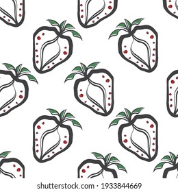 Strawberry linocut seamless vector pattern background. Stencil style hand drawn black berries with offset green and red on white backdrop. Garden fruit design. Repeat for farm food market concept