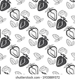 Strawberry linocut seamless vector pattern background. Stencil style hand drawn black berries on white backdrop. Monochrome garden fruit design. All over print for farm food market vintage concept