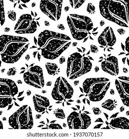 Strawberry linocut seamless vector pattern background. Stencil style hand drawn berries with leaves on black and white backdrop. Botanical design. Garden fruit repeat for farm food market concept