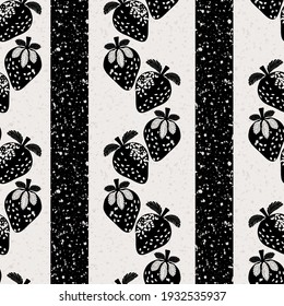 Strawberry linocut striped seamless vector pattern background. Alternating columns of stencil style berries and stripes on terrazzo textured backdrop.Monochrome aged effect. Repeat for vintage concept