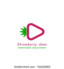 Strawberry logo icon Button Play for the player. Strawberry show click here. Strawberry TV branding vector illustration in flat style isolated on white background. Emblem of TV berry fruit logo. EPS10