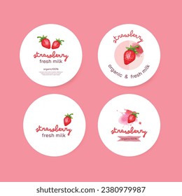 Strawberry logo label set. Watercolor hand drawn painting strawberry. Organic and natural product guaranteed banner. Vector logo design.