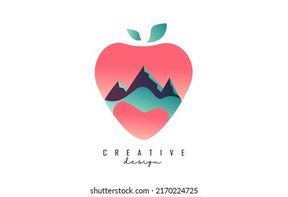 Strawberry Logo with mountain view for mountain lodges, cabins, huts.  Creative Vector illustration with fruit, mountains and outdoors view.