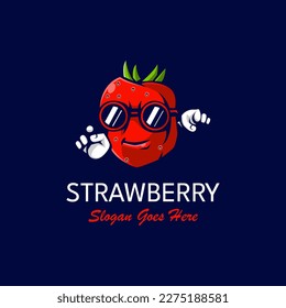 Strawberry logo. Red strawberry wearing glasses cartoon 