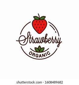 Strawberry logo. Round linear logo of organic strawberry on white background