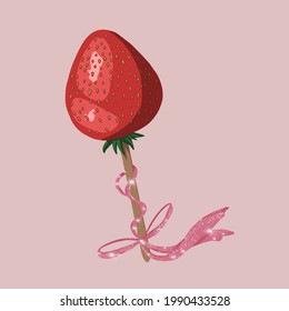 Strawberry lollipop with a shiny ribbon. Picture, postcard, wallpaper, poster, sticker, banner, background, cover, image, logo, pattern.