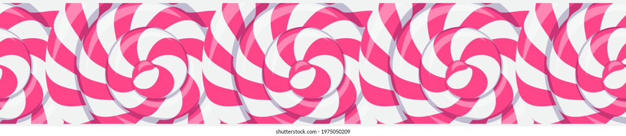 Strawberry lollipop texture, border with twisted sucker candy. Vector cartoon abstract background, horizontal seamless pattern with hard sugar caramel, lollypop with white and pink spiral strips