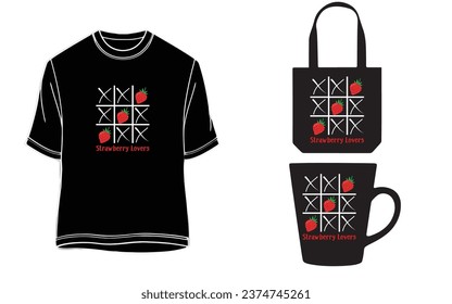 los amantes de las fresas Tic Tac Toe Shirt, tote bag, mug. 