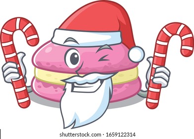 Strawberry macarons Cartoon character wearing Santa costume bringing a candy