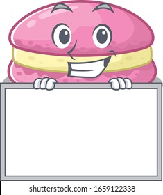 Strawberry macarons cartoon design concept grinning with board