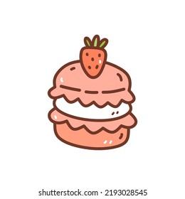 Strawberry macaroon isolated on white background. Cute dessert decorated with berries. Vector hand-drawn illustration in doodle style. Perfect for various designs, cards, decorations, logo, menu.