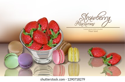 Strawberry and macaroons Vector realistic. 3d detailed card menu template. delicious desserts posters