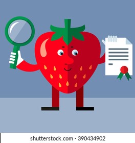 Strawberry with magnifier glass and graduation diploma. Flat style vector illustration . Funny cartoon character