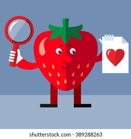 Strawberry with magnifier glass and heart icon. Online Dating. Flat style vector illustration . Funny cartoon character
