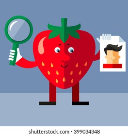 Strawberry with magnifier glass and person photo. Searching. Flat style vector illustration . Funny cartoon character