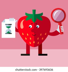 Strawberry with magnifier glass and preloader icon. Searching. Flat style vector illustration . Funny cartoon character