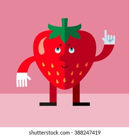 Strawberry making attention gesture with forefinger. Flat style vector illustration . Funny cartoon character