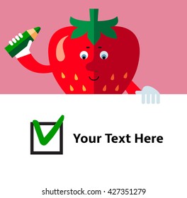 Strawberry making green check mark in check box. Voting. Right Choice. Flat style vector illustration . Funny cartoon character