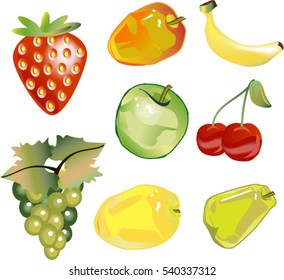 Strawberry, mango, bannana, green aple, cherry, grape, lemon, pear: fruits vector