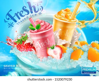 Strawberry and mango shaved ice ads with splashing syrup in 3d illustration