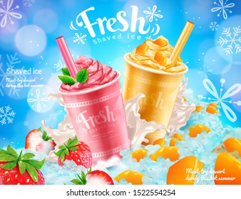 Strawberry and mango shaved ice ads with snow flakes effect in 3d illustration