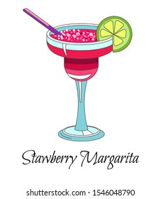 Strawberry margarita cocktail with berries and mint leaves, lime and straw, isolated icon vector. Shaped glass with fruit slice, alcohol drink. Beverage with bubbles in glassware, beach party bar