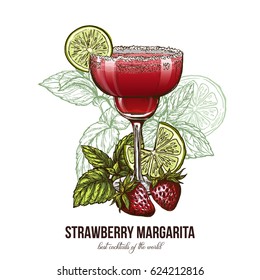 Strawberry Margarita cocktail with berries and mint leaves, vector illustration, colored hand drawn sketch