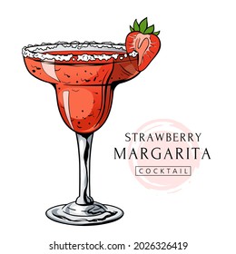 Strawberry Margarita cocktail, hand drawn alcohol drink with berry and salt. Vector illustration