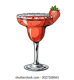 Strawberry Margarita cocktail, hand drawn alcohol drink with berry and salt. Vector illustration