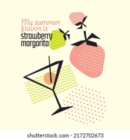 Strawberry margarita cocktail vector illustration in geometric modern style. Summer cocktail party poster template.