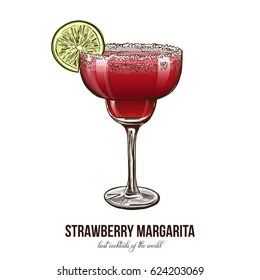 Strawberry Margarita cocktail, vector illustration, colored hand drawn sketch