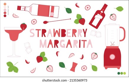 Strawberry margarita cocktail vector illustrations set. Simple lines. Red color palette. Strawberry palette. Minimal style. Stylized elements. Fruit and leaves.