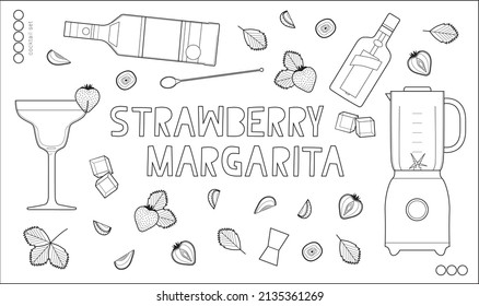 Strawberry margarita cocktail vector illustrations set. Simple lines, outline. Minimal style. Stylized elements. Fruit and leaves.