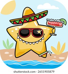 Strawberry margarita star party on a beach flat vector illustration