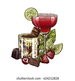 Strawberry Margarita and White Russian cocktails, vector illustration, hand drawn sketch; colored