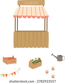 Strawberry Market Stall DIY Elements Set. Vector Clipart Collection of Wooden Kiosk with Stripe Awning, Strawberry Crates, Watering Can and Bunting.