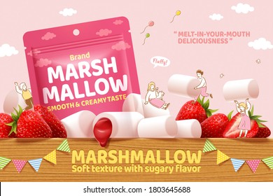 Strawberry marshmallow ad in 3d illustration, with cute hand drawn miniature people playing on the wooden table