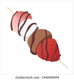 strawberry marshmallow fondue stick chocolate sauce on top vector