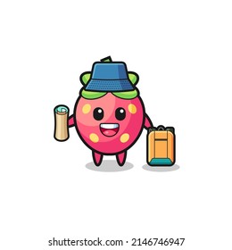 strawberry mascot character as hiker , cute design