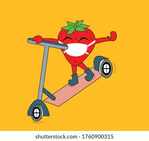 strawberry mascot rides scooter in the new normal