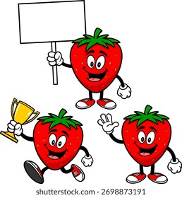 Conjunto de mascotas de fresa 01, ilustraciones dibujadas a mano de mascotas de fresa en varias poses.