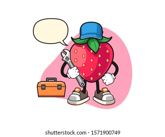Strawberry mechanic with speech bubble cartoon. Mascot Character vector.
