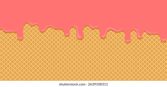 Strawberry melt waffle background, candy ice cream cone pattern, pink liquid drip flow, sweet red jelly melt wafer. Syrup dessert bg. Cartoon berry jam splash banner. Yummy food vector illustration