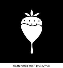 Strawberry in melted chocolate dark mode glyph icon. Valentine treat. Romantic dessert. Fondue fruit. Sweet dessert. White silhouette symbol on black space. Vector isolated illustration