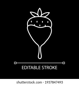 Strawberry in melted chocolate white linear icon for dark theme. Valentine treat. Romantic dessert. Thin line customizable illustration. Isolated vector contour symbol for night mode. Editable stroke