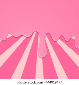 Strawberry melted cream on pink striped background, vector illustration