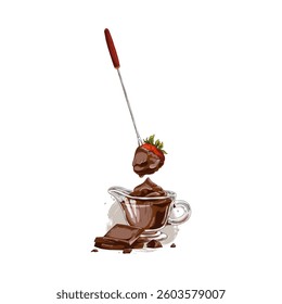 Strawberry with melted dark chocolate on the skewer hand drawn vector illustration. Fork stick with berry in dripping cacao cream cheese sketch. Sweet snack, ingredient for fondue. Dessert dish